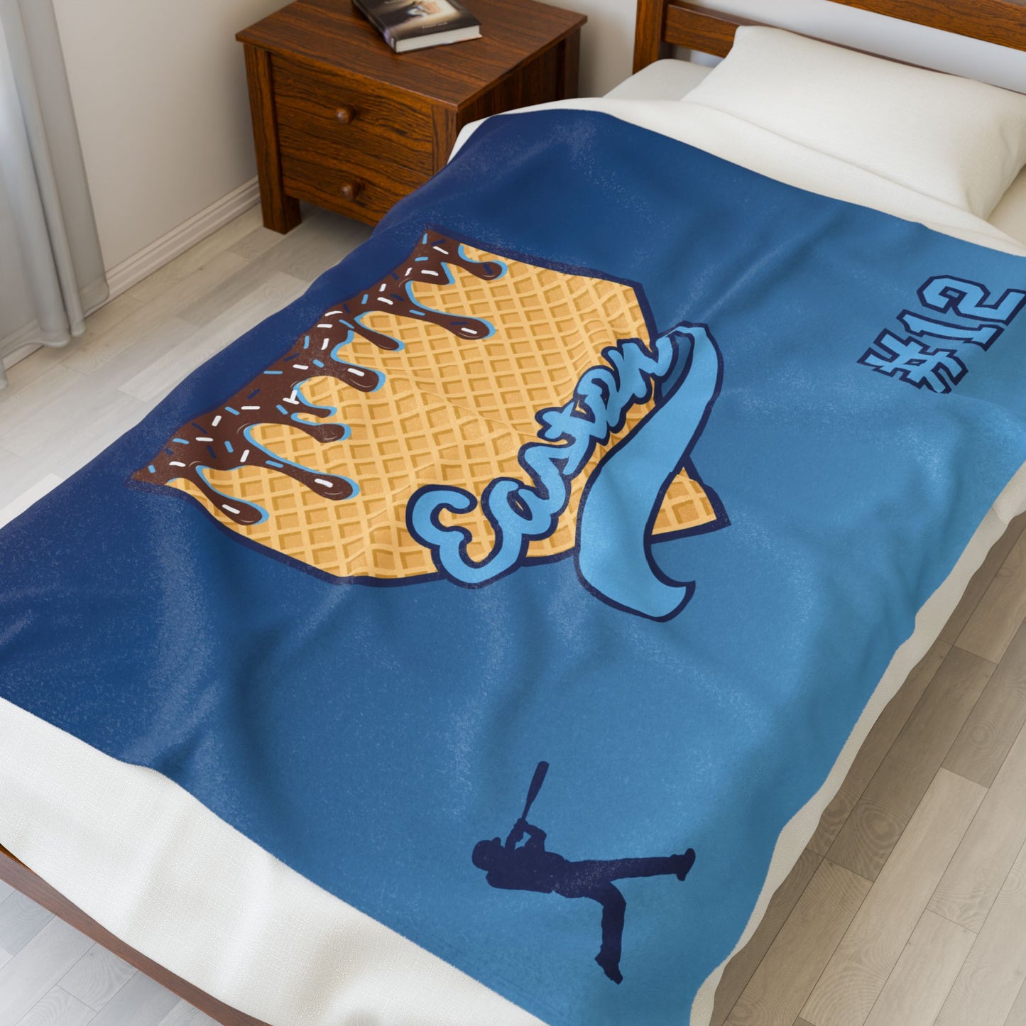 Carolina Blue & Navy Custom Ice Cream Drip Baseball Velveteen Plush Blanket