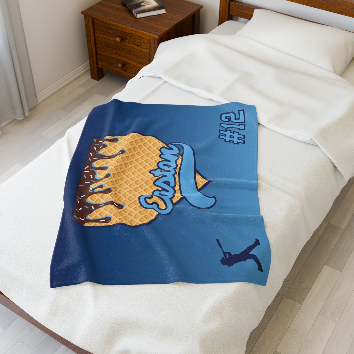 Carolina Blue & Navy Custom Ice Cream Drip Baseball Velveteen Plush Blanket